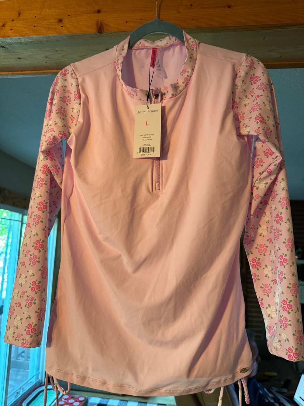 Betsey Johnson Pink Long Sleeve Floral Sleeve Rash Guard Top